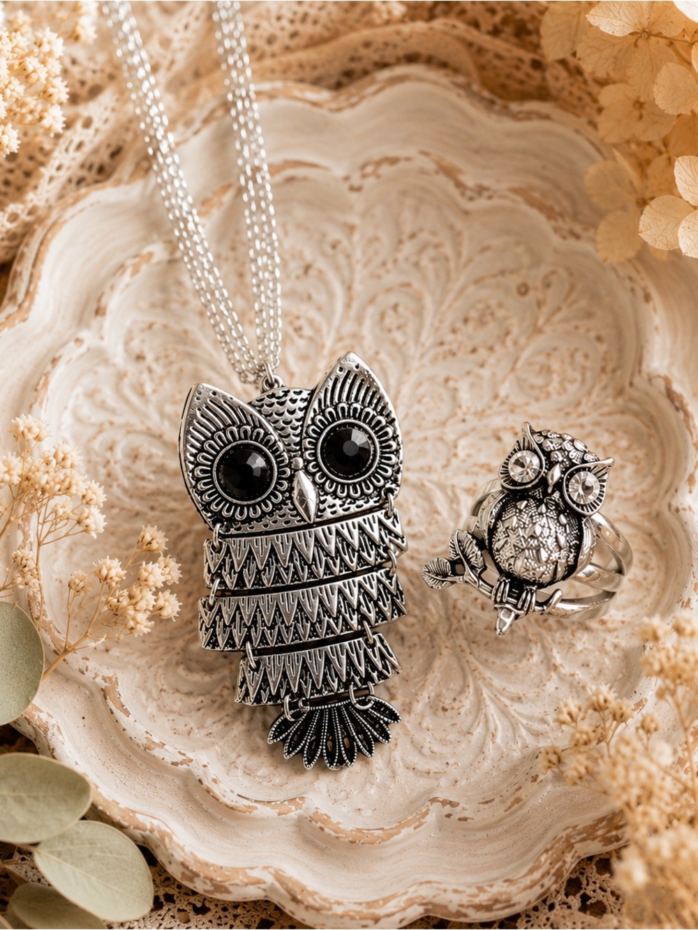 Vintage 90s Owl Necklace & Adjustable Owl Ring Set Silver Tone